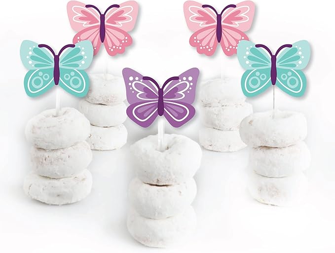 Big Dot of Happiness Beautiful Butterfly - Dessert Cupcake Toppers - Floral Baby Shower or Birthday Clear Treat Picks - Set of 24