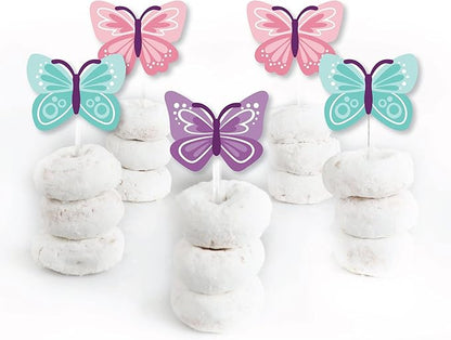 Big Dot of Happiness Beautiful Butterfly - Dessert Cupcake Toppers - Floral Baby Shower or Birthday Clear Treat Picks - Set of 24