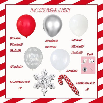 144Pcs Christmas Balloon Arch Garland Kit, Red White Silver Transparent Snowflake Latex Balloons with Candy Cane Foil Balloons for Christmas Winter Wonderland Baby Shower Birthday Party Decorations