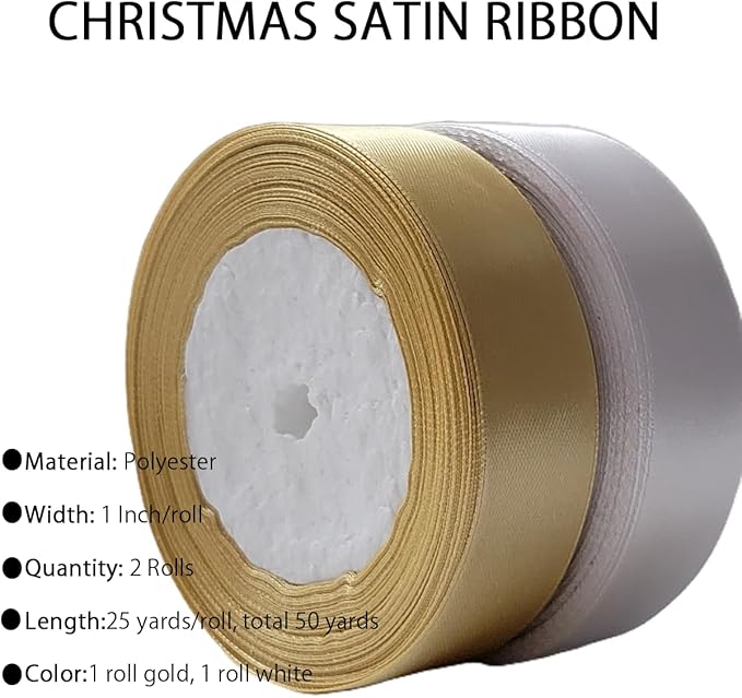 Gold Christmas Ribbon, Gold White Satin Ribbon 1 Inch 50 Yards Fabric Ribbons for Christmas Party Decorations, Gift Wrapping, Tree Ornaments, Bouquets, Door Wreaths, Bows Making and DIY Crafts