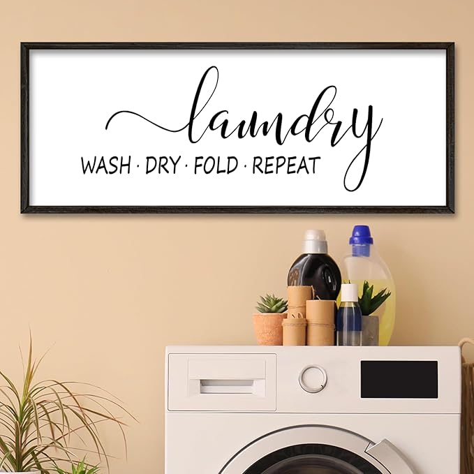 Laundry Room Wall Decor Sign 40"×15" Bathroom Laundry Rules Wash Dry Fold Repeat Large Wood Framed Wall Hanging Art (Black)