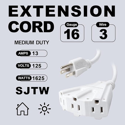 EP 2 Pack 6 Ft Outdoor Extension Cord with 3 Electrical Power Outlets - 16/3 SJTW White Cable with 3 Prong Grounded Plug for Safety Great for Christmas Lights, Garden and Major Appliances