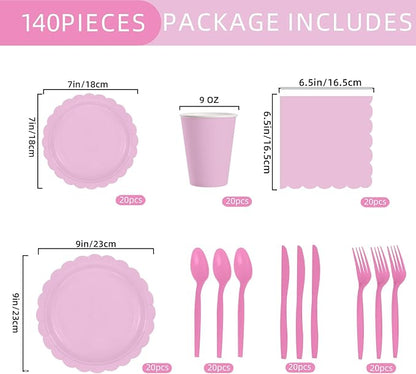 140 Pcs Pink Paper Plates and Napkins, Light Pink Party Supplies Include Scalloped Plates Napkins Cups Plastic Spoons Forks Knives for Baby Bridal Shower, Wedding, Birthday