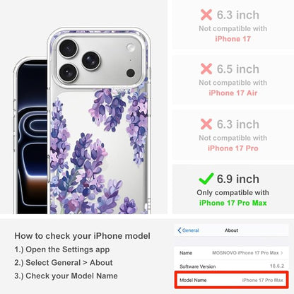 MOSNOVO for iPhone 17 Pro Max Case | Military Grade 6.6ft Drop Tested | Camera Control | Clear with Lavender Design