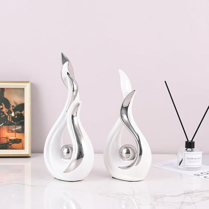 2PCS Abstract Flame Ceramic Sculpture Set – Modern Figurines for Living Room Table Centerpiece, Dining Table Decor, Bedroom Table Decor, Shelf Sculpture, Fireplace, and Home Decoration (White Silver)