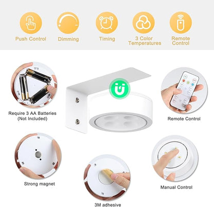 2-Pack Picture Light Battery Operated, LED Painting Lights with Remote, Dimmable and Timer Painting Light, Art Display Light for Picture Frame Artworking Portrait, Home Wall Decor wall lights, White