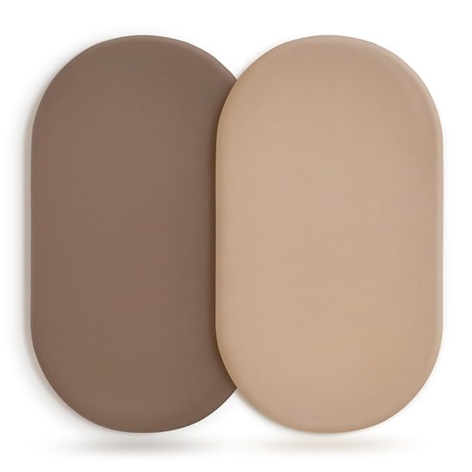 GRSSDER Stretchy Ultra Soft Fitted Bassinet Sheet 2 Pack, Universal Fit for Bassinets Baby Cradle Moses Basket Oval Rectangle Mattress Safe and Snug, Jersey Bassinet Sheets for Baby, Tan & Brown