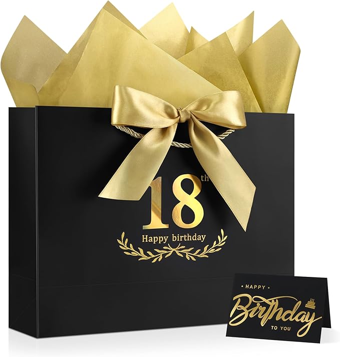 JMANNI Black Gold 18th Birthday Gift Bag with Card and Tissue Paper, 12.6"×9.84"×3.9" Elegant Present Bag for Adults, 18 Year Old Birthday Keepsake Party Supplies