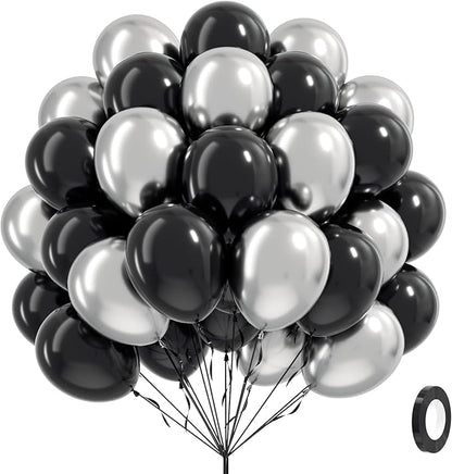Black and Silver Balloons, 60pcs 12inch Black Metallic Silver Balloons for Graduation 2025 Birthday Party Decorations