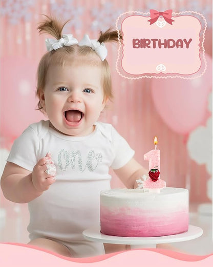 Birthday Candles for Cake, Pink Number Candles, Cake Candles with Greeting Card for Birthday Party Wedding Anniversary Celebrations (Strawberry 1 Candle)