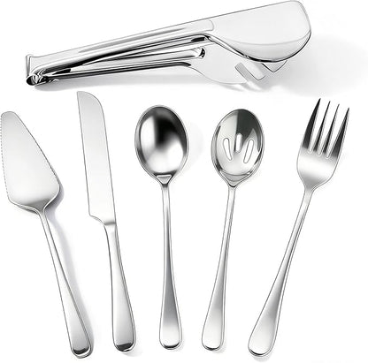 6 PCS Premium Stainless Steel Serving Utensils Set, Large Serving Spoons Slotted Spoons, Forks, Ice Tongs, Cake Server, Soup Ladle, Metal Flatware Set for Buffet Catering Banquet Home Party (Silver)