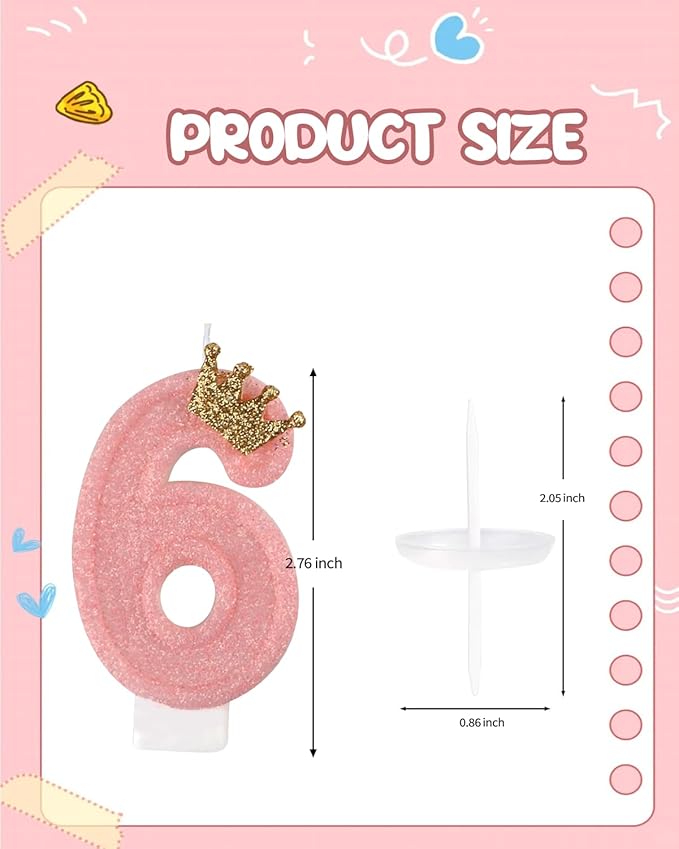 Birthday Candles for Cake, Pink Number Candles, Cake Candles with Cake Topper for Birthday Party Wedding Anniversary Celebrations (6 Candle)