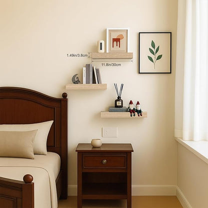 Floating Shelves, Oak Wooden Set of 3 Wall Mounted Bathroom Shelves Over Toilet, Modern Small Hanging Shelves for Bedroom Living Room Kitchen Farmhouse Home Decor, 12" x 7" x 1.5"