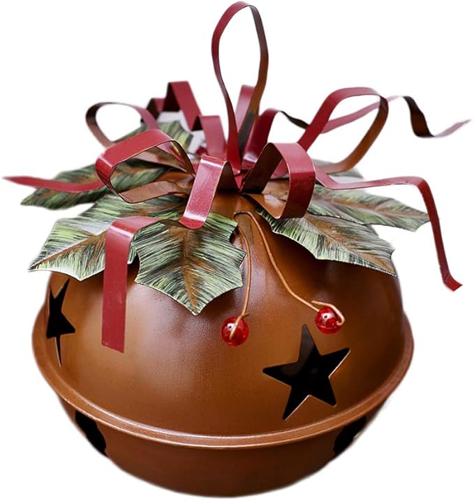 Large Christmas Jingle Bell Decoration, 4.5 X 5.5 Inch Rustic Red Jingle Bell Hanging Christmas Tree Bell Ornament Metal Star Cutout Xmas Holiday Decor, Party and Festival Decoration (Bell C)