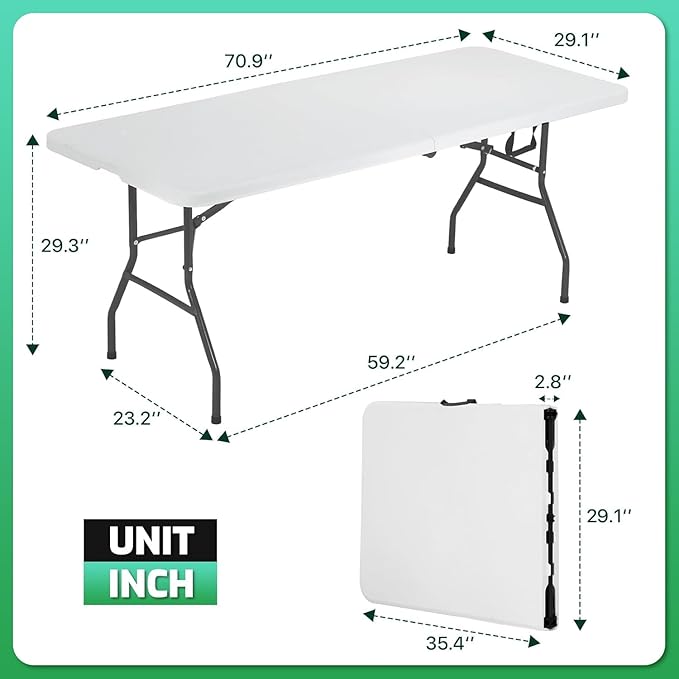 6Ft Folding Table, Portable Party Tables for Outdoor/Indoor, Heavy Duty Foldable Table 6 Foot Long, No Need Assembly Fold-in-Half Plastic Tables for Party, Event, Camping, Picnic (6ft, White)