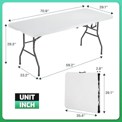 6Ft Folding Table, Portable Party Tables for Outdoor/Indoor, Heavy Duty Foldable Table 6 Foot Long, No Need Assembly Fold-in-Half Plastic Tables for Party, Event, Camping, Picnic (6ft, White)