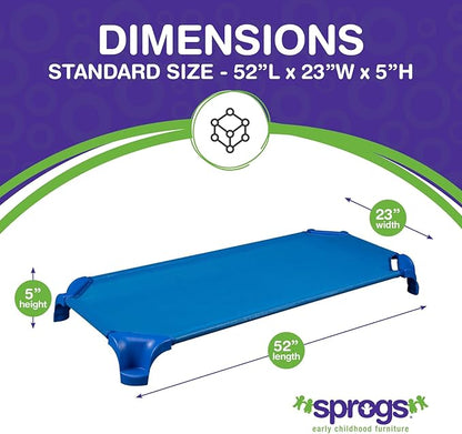 Sprogs Heavy-Duty Stackable Standard Size 52"L Daycare Cots for Kids and Toddlers, Stacking Preschool Classroom Kids Cots for Sleeping, Resting, Naptime, Pack of 6, Blue