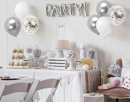 Bezente White Silver Balloon Garland Kit,100Pcs White Silver Metallic Chrome and Silver Confetti Balloons with Balloon Tape for Winter Wonderland Wedding Prom Special Events Party Winter Decor