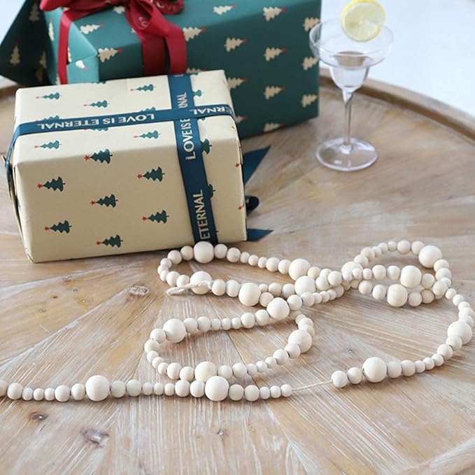 2PCS Christmas Wood Beads Garland 14.4 Feet Wooden Bead Garland Boho Ornaments for Christmas Tree, Xmas Vintage Rustic Farmhouse Round Craft Bead Hanging Holiday Decorations(7.2 Feet/1Pcs)