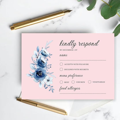 crafty-bell Glossy Finish Personalized Wedding RSVP Response Cards with White Envelopes, Blue Floral Design, 15 Count Respond Cards in Glossy Finish (Pink)