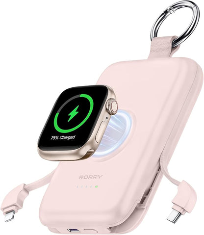 RORRY Portable Charger, 10000mAh PD 20W Fast Charging Portable Charger Power Bank with Built in Cables, Travel Battery Pack for iPhone and Apple Watch Ultra/11/10/9/8/7/6/5, Pink