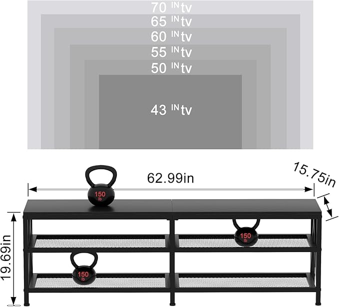 TV Stand for TVs up to 70 Inch, 63" Long Industrial TV Console Table with 3-Tier Storage Shelves, Entertainment Center for Living Room, Bedroom (Black)