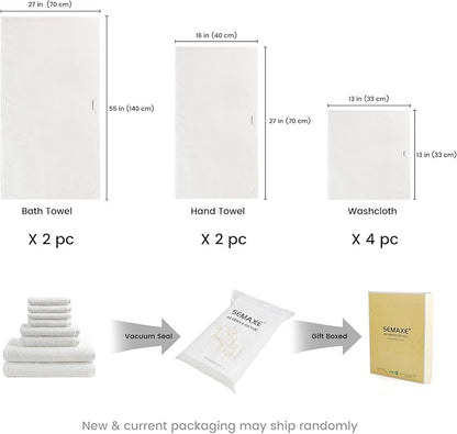 SEMAXE Bath Towel Set, 8 Piece Towel Set for Bathroom, Quick Dry Cotton Towels with Hanging Loops, Easy Care, White