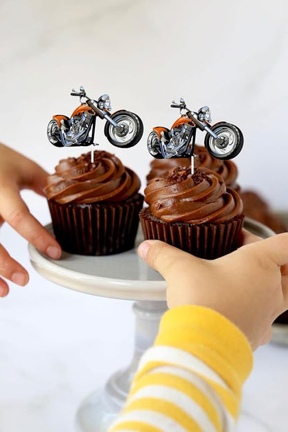 Motorcycle Cupcake Topper,Dessert Cupcake Topper Motorcycle Rider Racing Sport Theme Decor Supplies Boy Man Happy Birthday Party Decorations 18pcs (Yellow)