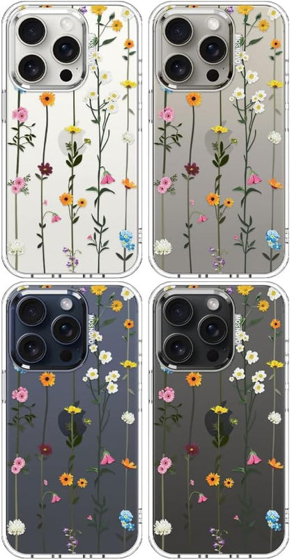 MOSNOVO Case for iPhone 15 Pro, [Buffertech 6.6ft Military-Grade Drop Protection] [Anti Peel Off Tech] Clear TPU Bumper Phone Case Cover Design - Wildflowers