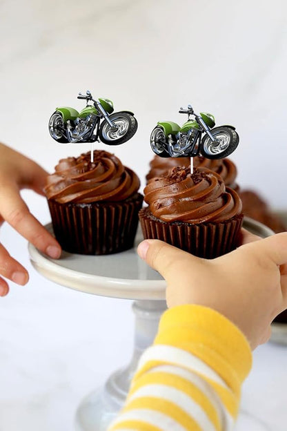 Motorcycle Cupcake Topper,Dessert Cupcake Topper Motorcycle Rider Racing Sport Theme Decor Supplies Boy Man Happy Birthday Party Decorations 18pcs (Green)