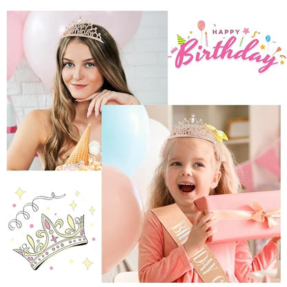 Rose Gold Birthday Crown and Sash for Women Girls Rose Gold Tiaras for Women Crowns for Girls Princess Crown Rhinestone Happy Birthday Hair Accessories