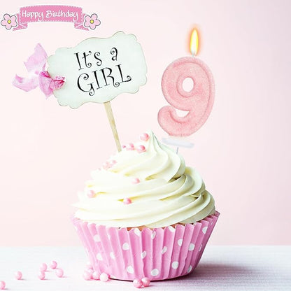 Pink Birthday Candles - Number 9 Candle for 9th Birthday Decorations for Girls, Pink Cake Decorations Sweet Birthday Decorations Girl