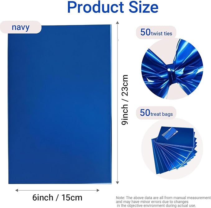 AimtoHome Cellophane Treat Bags Blue, 9x6 inches, 50 Pack with Ties,Small Party Favors bags for Cookie Candy Popcorn