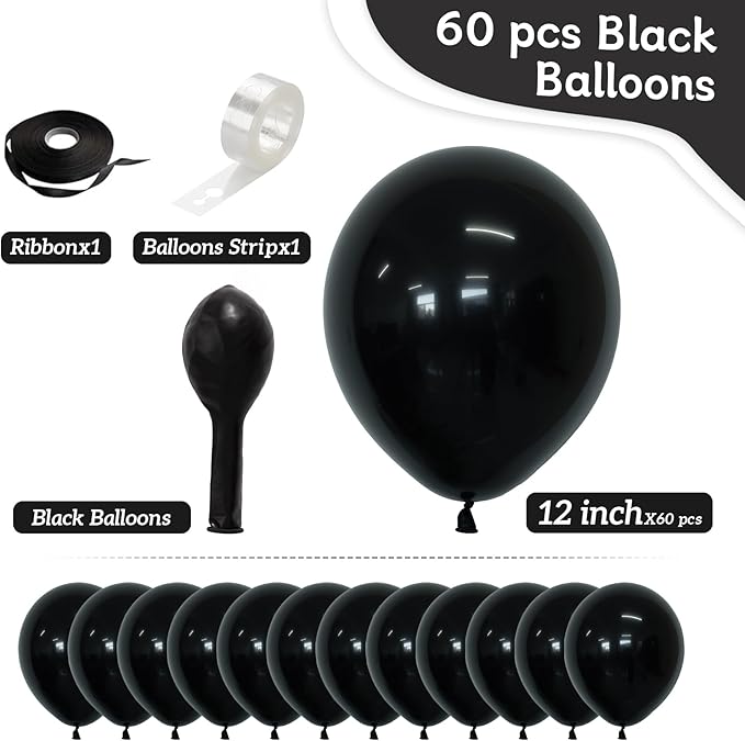Black Balloons 60 PCS Black Balloons 12 inch Latex Balloon for Birthday Baby Shower Graduation Halloween New Year Anniversary Party Decorations