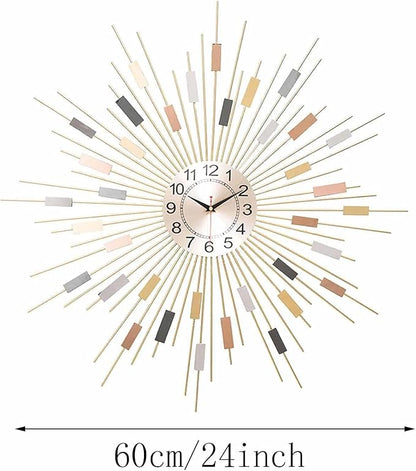 Gold Sunburst Wall Clock for Living Room - Large Non-Ticking Silent Modern Decor - Elegant Metal Dial Clock for Bedrooms