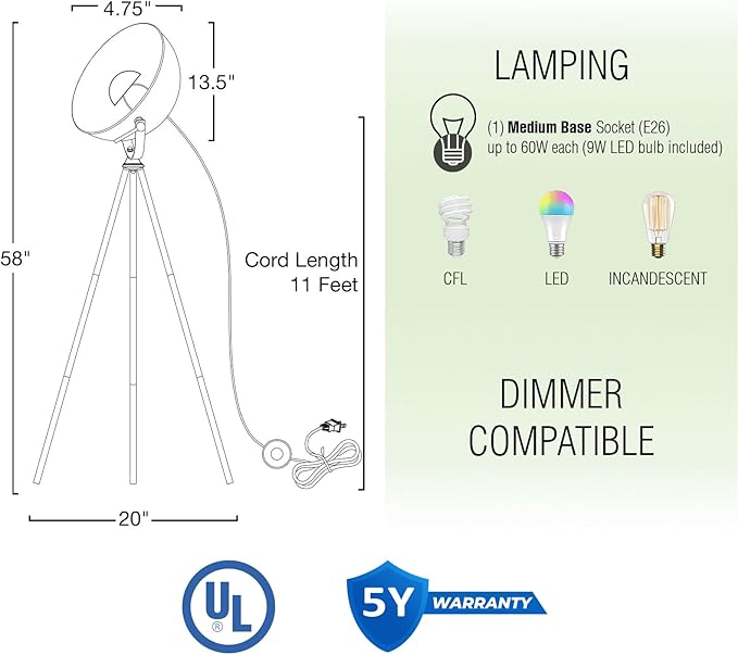 Kira Home Sulis 58" Modern Tripod Floor Lamp with Gold Foil Satellite Shade, Mid-Century Industrial Cinema Light with 9W LED Bulb and Leather Accents Legs, Black Finish