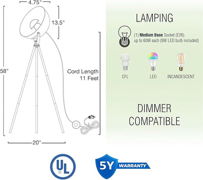 Kira Home Sulis 58" Modern Tripod Floor Lamp with Gold Foil Satellite Shade, Mid-Century Industrial Cinema Light with 9W LED Bulb and Leather Accents Legs, Black Finish