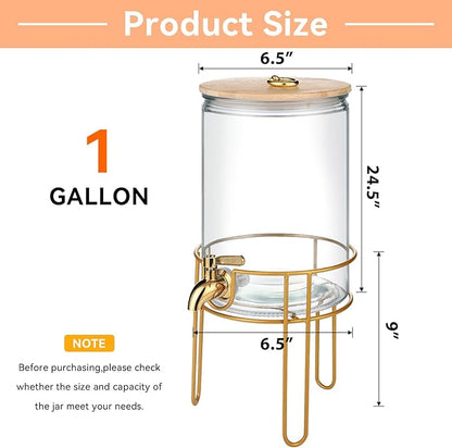 1 Gallon Drink Dispenser, Glass Beverage Dispenser With Stand,Juice Containers with Lid for Party,Drink Dispensers for Parties With Spigot for Lemonade/Soda/Tea