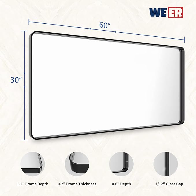 WEER Black Bathroom Mirror for Wall 60X30 Inch, Rectangular Black Metal Framed Vanity Mirror, Farmhouse Matte Black Mirror with Tempered Glass, Rounded Corner, Anti-Rust (Horizontal/Vertical)