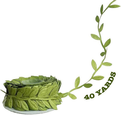 Leaf Ribbon 40 Yard Fabric Ribbons Roll Green Leaf Tape 1" Width Artificial Olive Trim Tape for Gift Wrapping Craft DIY