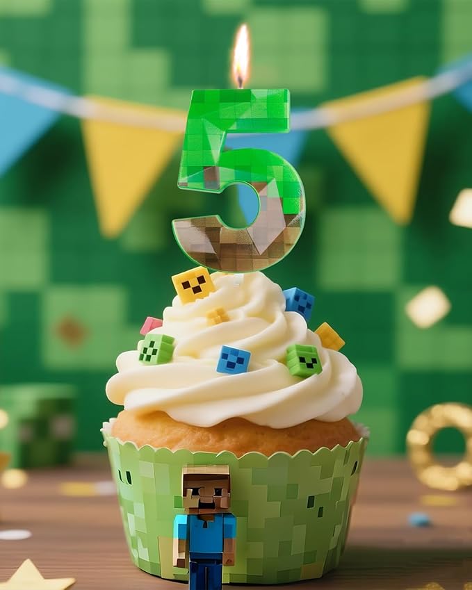 Pixel Birthday Candle, 2.68 Inch Miner Number Candles, Game Themed Candle Birthday Decoration for Pixel Theme Birthday Anniversary Dynamite Video Game Party (Green, 5)