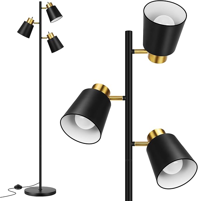 QiMH Tree Floor Lamps for Living Room, 67" Modern Standing Floor Lamp with 3 LED Bulb, Industrial Tall Lamp Reading Lighting for Bedroom Study Office Decor, 3 Rotatable Light Heads, Black Gold