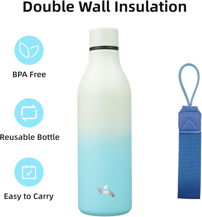 Insulated Water Bottle with Strap,25 oz Double Wall Stainless Steel Vacuum Bottles Metal Water Flask,Mint