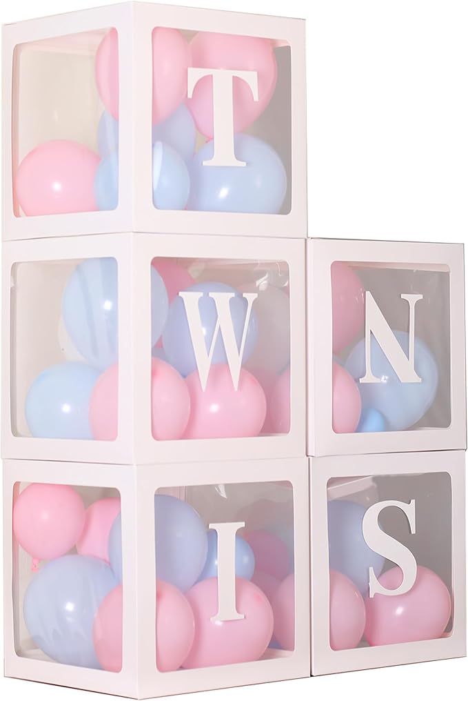 White TWINS Balloons Boxes with 5 PCS Clear Balloon Boxes and 5pcs Letters for Birthday Party Gender Reveal Decorations