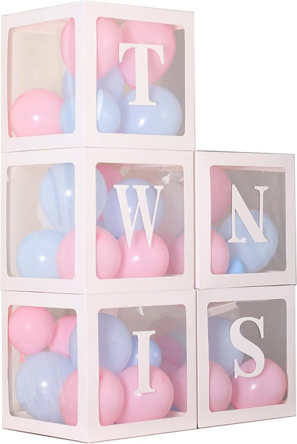 White TWINS Balloons Boxes with 5 PCS Clear Balloon Boxes and 5pcs Letters for Birthday Party Gender Reveal Decorations