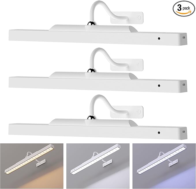 Picture Light with Remote - 16in White Rechargeable Battery Wall Light for Paintings, Cordless Wall Sconce for Art Painting & Photo Frames, 5000mAh with Timer, 350LM Brightness (3-Pack)