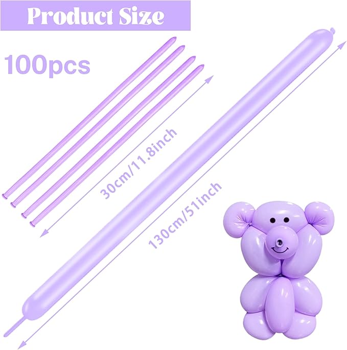 260 Long Balloons 100 Pack Pastel Purple Twisting Animal Balloons Thickening Latex Modeling Long Magic Balloons for Animal Model Weddings Birthdays Festival Party Decorations