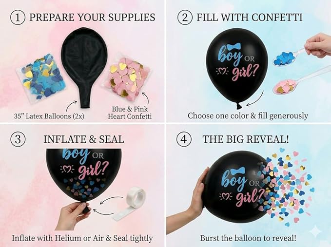 Gender Reveal Kit with 2 Giant 36" Balloons, 100 Voting Stickers, Mommy and Daddy to Be Pins, BOY and GIRL Table Signs, Baby Shower Gender Reveal Party Supplies