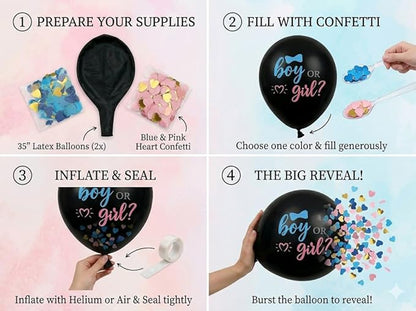 Gender Reveal Kit with 2 Giant 36" Balloons, 100 Voting Stickers, Mommy and Daddy to Be Pins, BOY and GIRL Table Signs, Baby Shower Gender Reveal Party Supplies