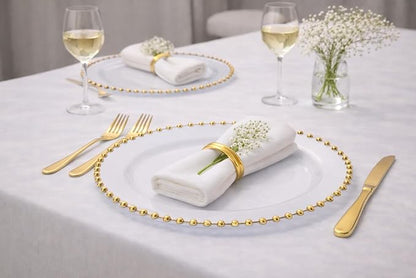 PLASTICPRO White with Gold Rim Plastic Charger Plates with Beaded Edge – Pack of 4 – 13" Elegant Round Disposable Chargers for Weddings, Events, Parties, and Dinners